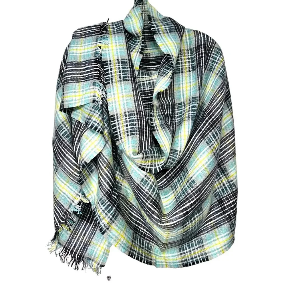 LOFT Plaid Scarf With Fringe Edges NWT Soft & Cozy Teal/White/Gray – 82